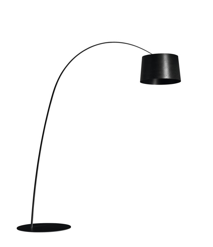 Schwarze Twiggy Bogenleuchte von Foscarini: Moderne Stehlampe mit rundem Lampenschirm und filigranem, gebogenem Lampenfuß.